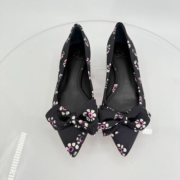 Tory Burch Rosalind Ballet Flats Women's Size 5 Black Floral Satin Bow Pointed - Picture 4 of 16